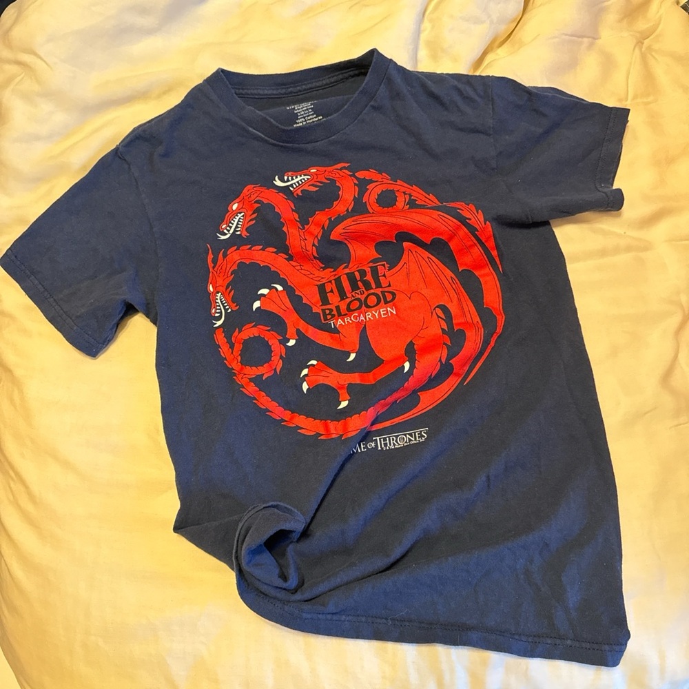 Game of Thrones Targaryen Fire and Blood Red Dragon Sigil Navy Blue Shirt